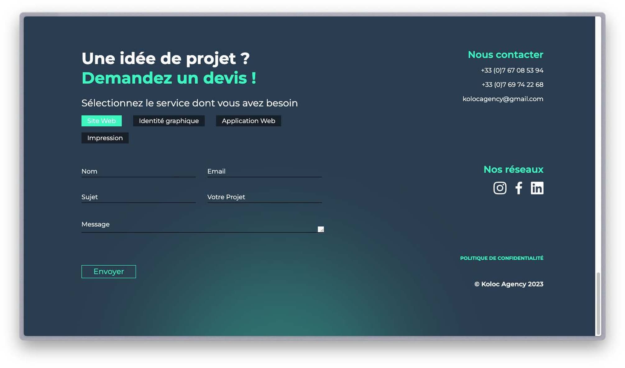 Koloc Agency contact section on desktop