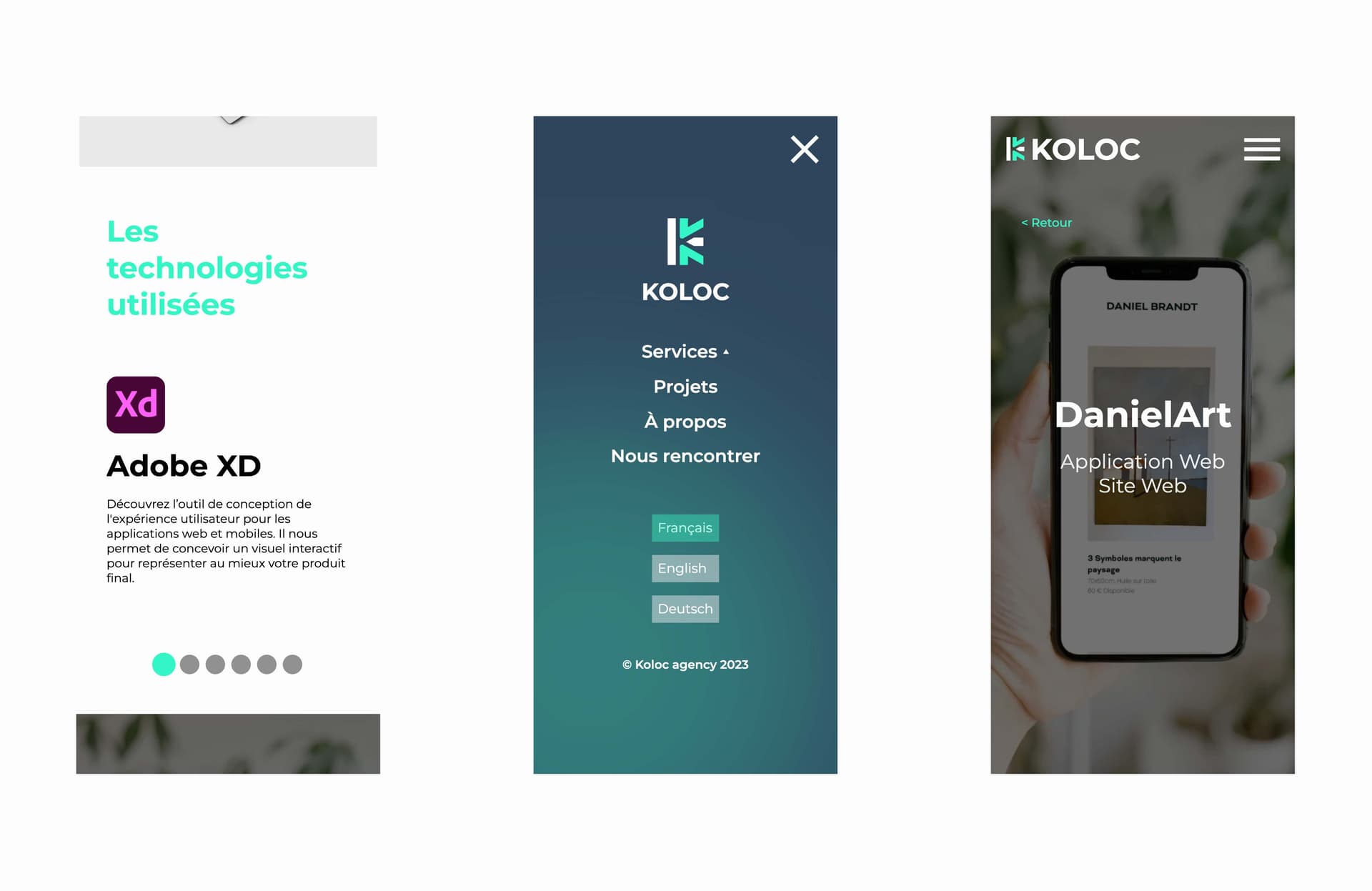 Different sections of the Koloc Agency mobile site