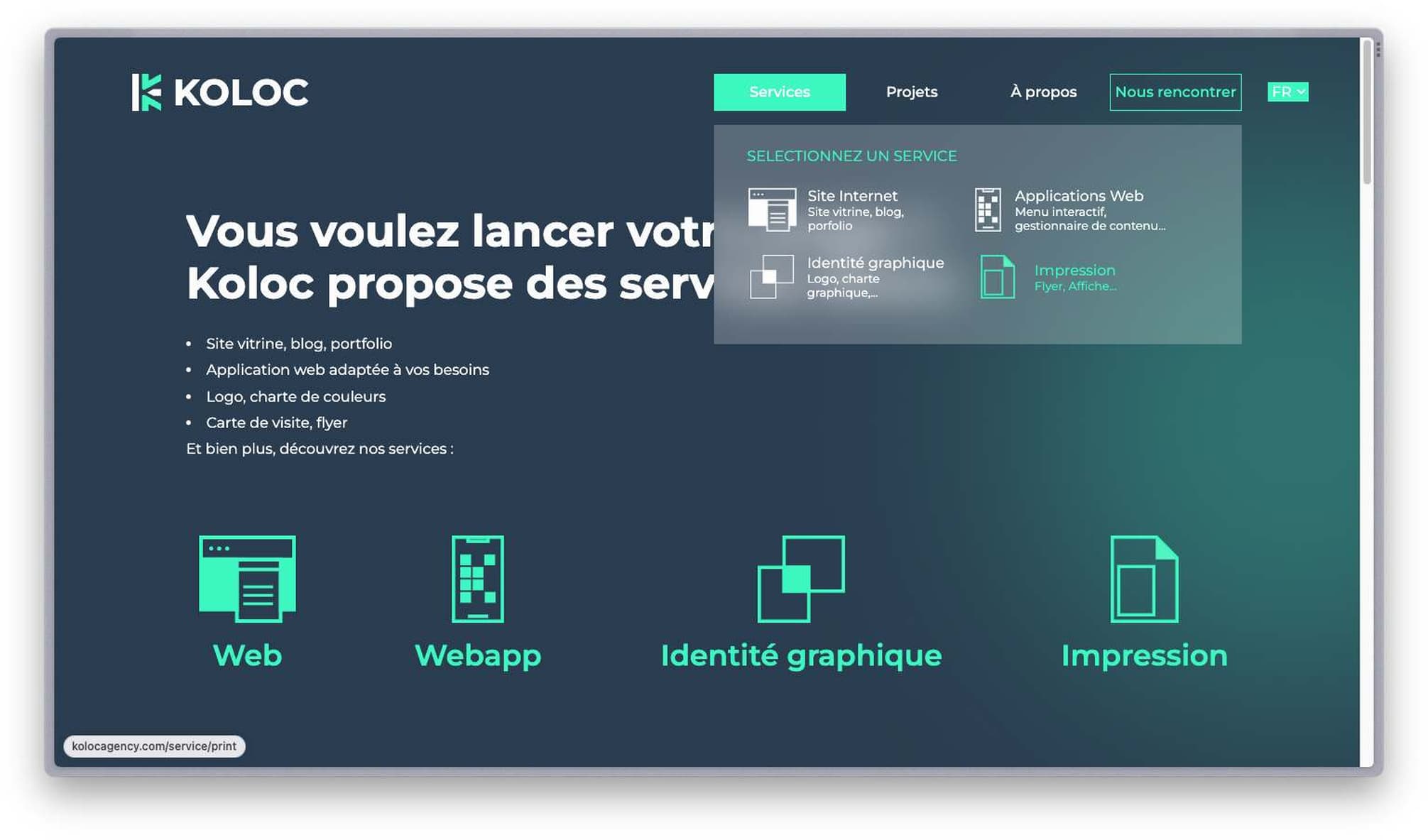 Menu for choosing Koloc Agency's services on a computer